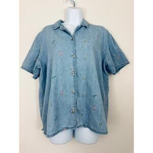 Vintage Teddi Embroidered Denim Shirt Flamingo Palm Tree Button Up